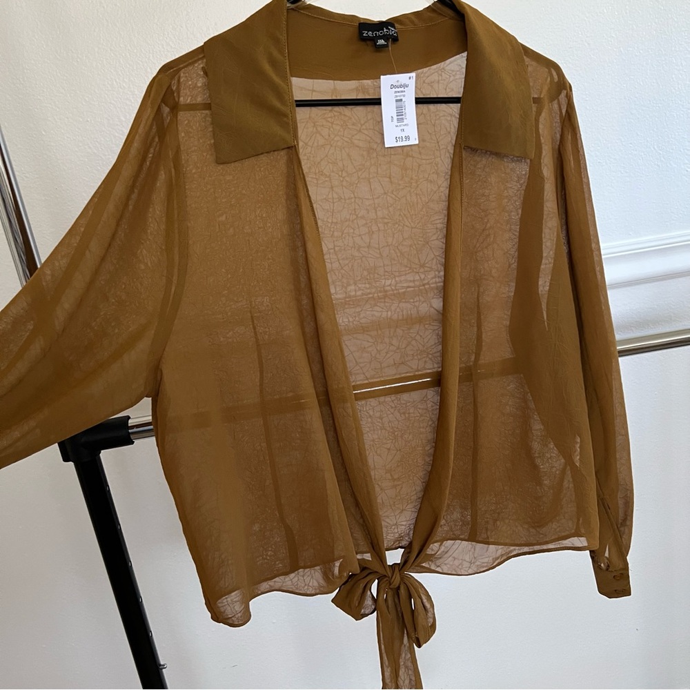 Long sleeve sheer open front with tie blouse - Picture 3 of 9
